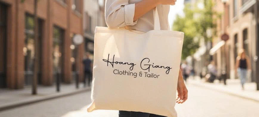 Hoang Giang Clothing & Tailor branded tote bag carried on a sunny street